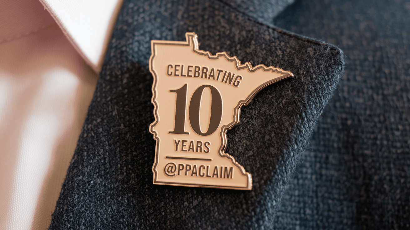 Hero Image 2 - An enamel pin on a suit lapel that says "Celebrating 10 years @ppaclaim"