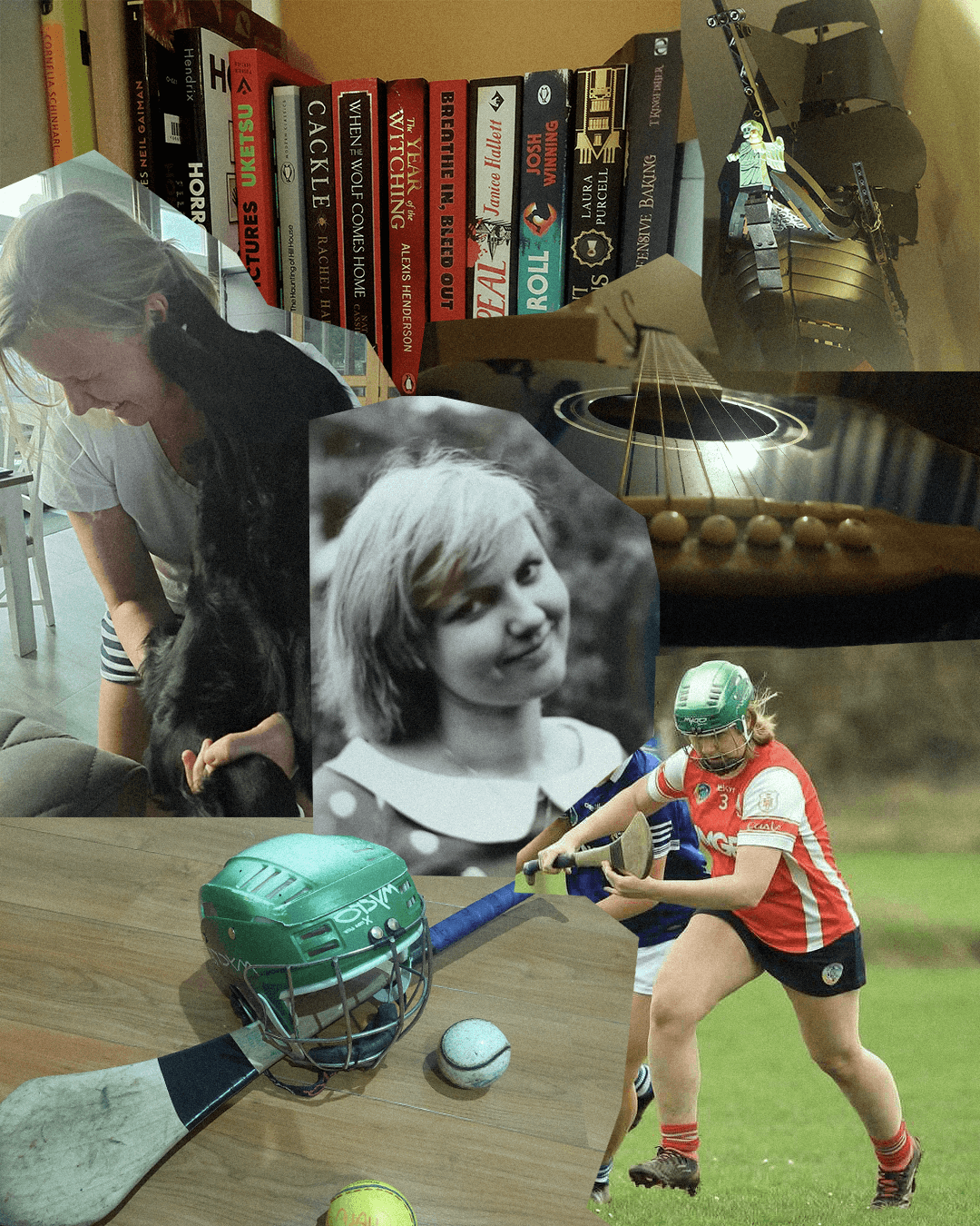 Kolaż przedstawiający portret autorki w otoczeniu przedmiotów: gitara, stos książek, sportowy kask oraz kij i piłki do gry w camogie.