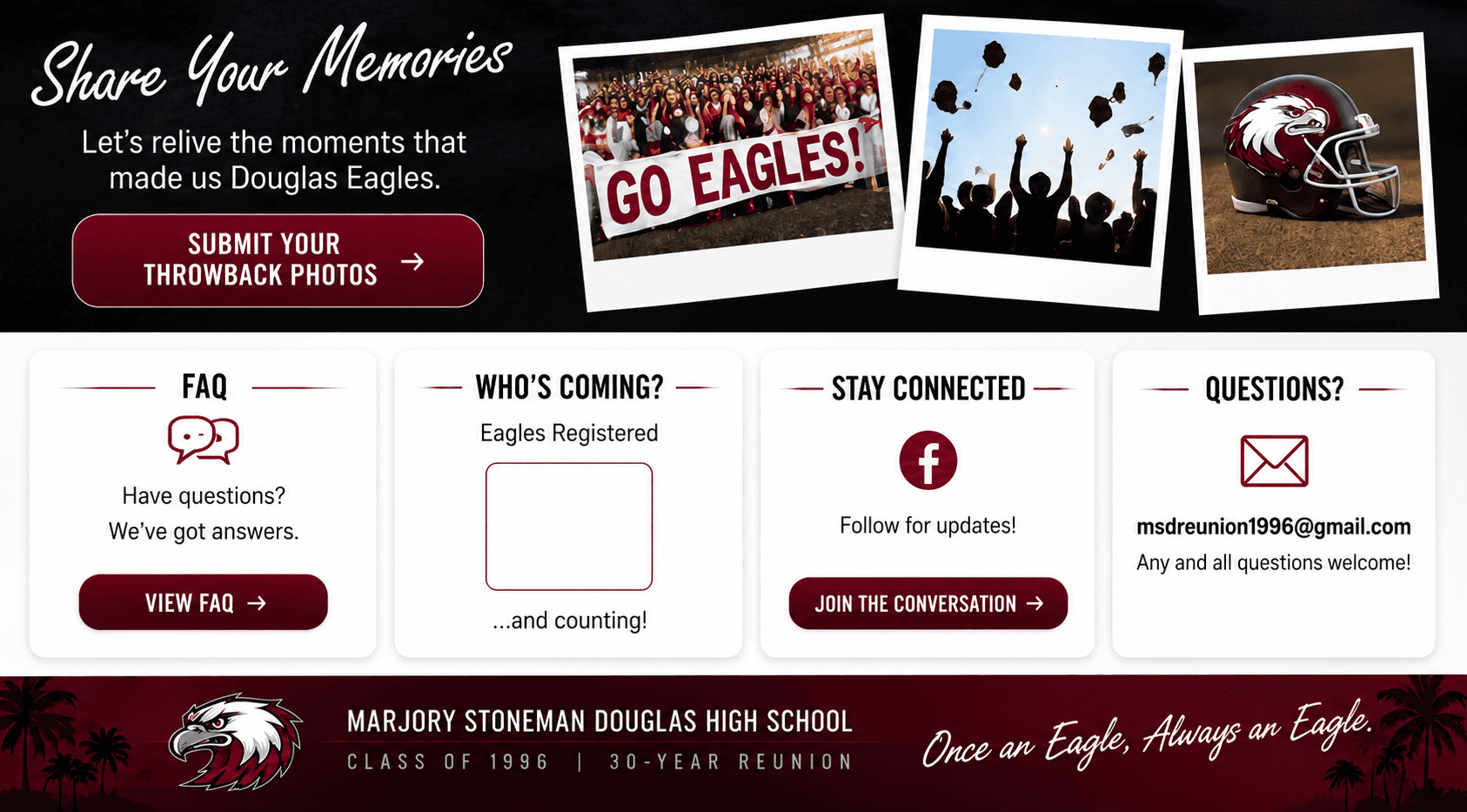 Class of 1996 reunion frequently asked questions, attendance, social updates, and contact information.