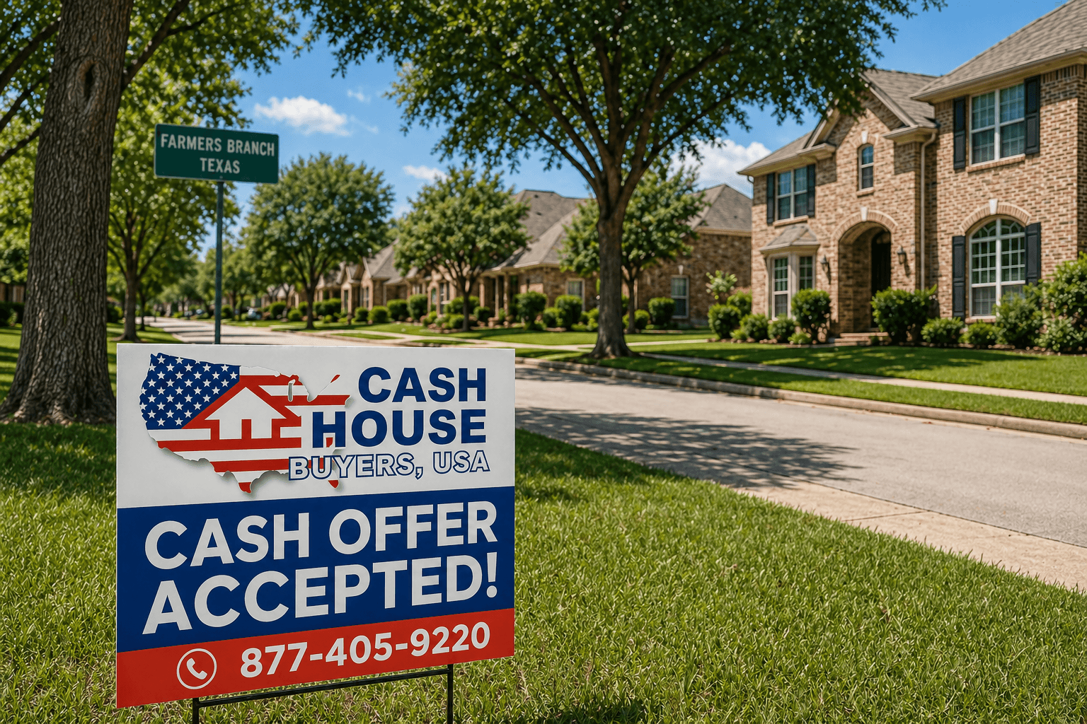 Sign on a suburban lawn reads "Cash Offer Accepted!" by Cash House Buyers, USA. The peaceful neighborhood in Farmers Branch, Texas, is visible in the background.