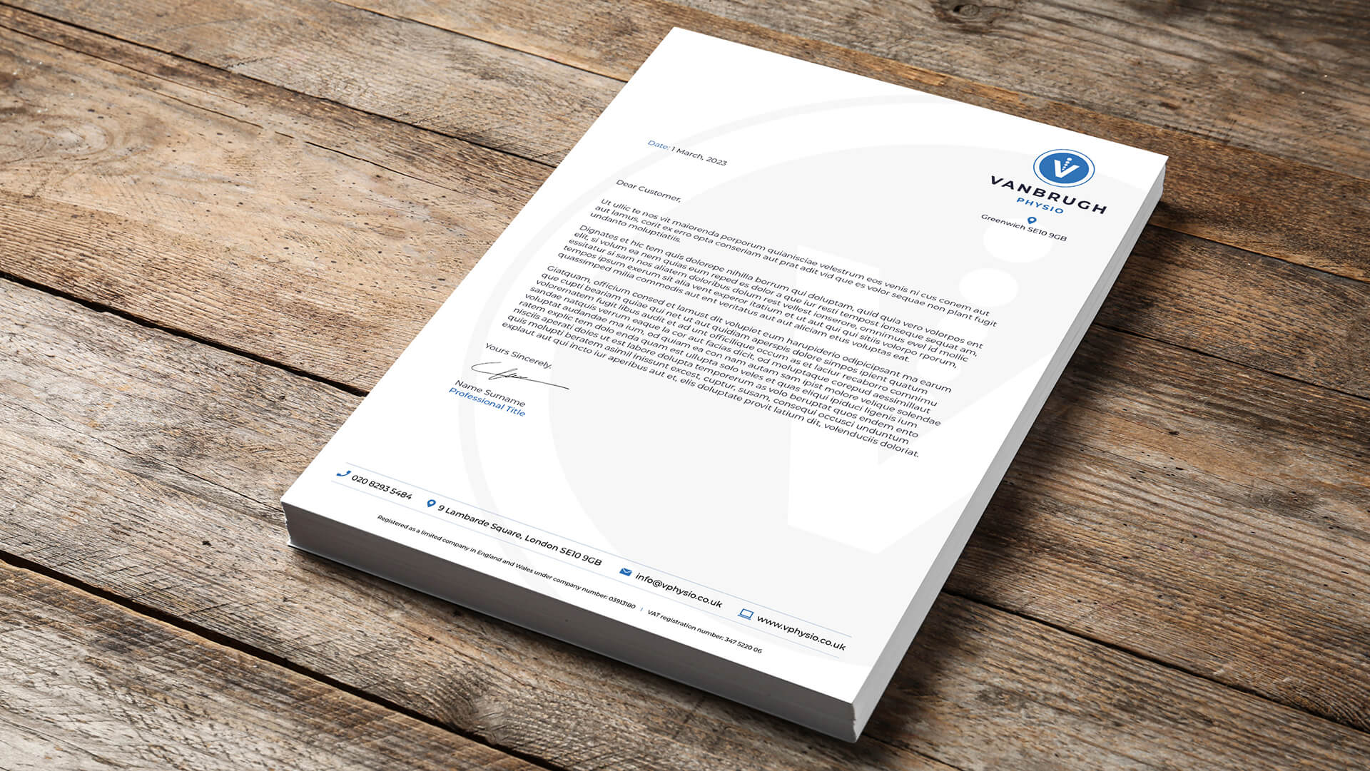 Vanbrugh Physio London letterhead design