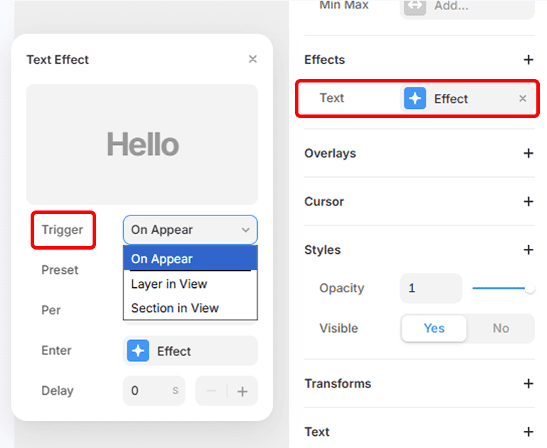 Panneau Text Effect dans Framer avec choix du déclencheur On Appear pour une animation de texte