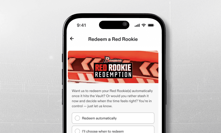 Fanatics Collect mobile app showing Red Rookie card redemption interface