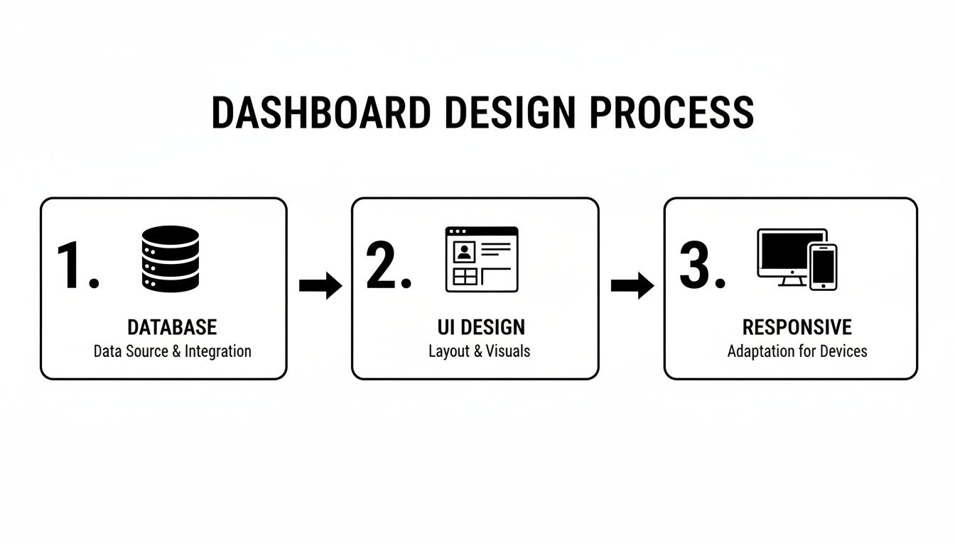 A diagram illustrating the three-step dashboard design process: database, UI design, and responsive adaptation.
