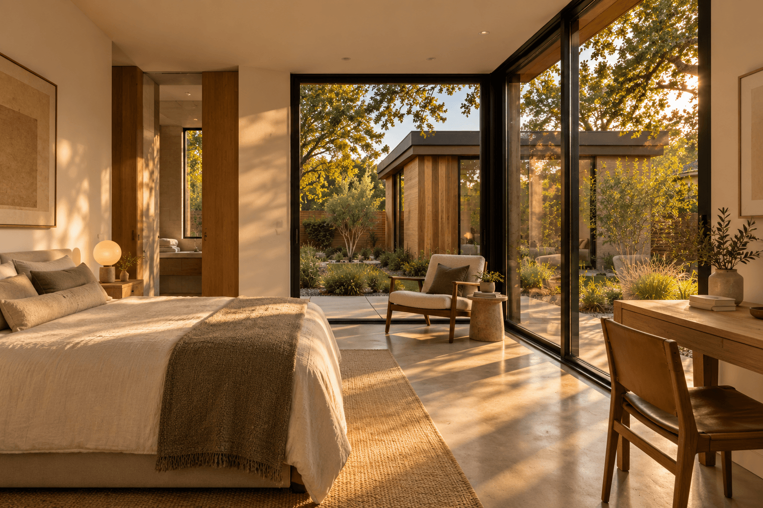 Warm bedroom interior with large sliding glass doors, natural wood finishes, a small workspace, and views into the landscaped courtyard.