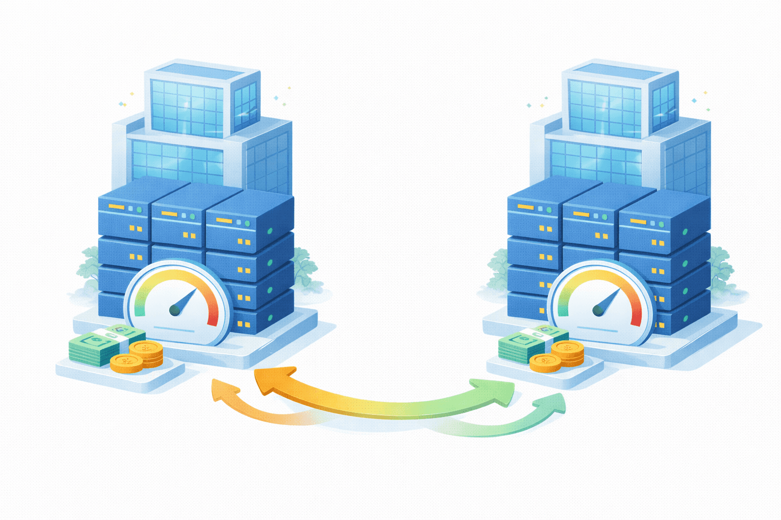 Ilustrasi active‑active data center synchronization & performance parity. Dua data center identik di kiri dan kanan masing‑masing menampilkan tumpukan server dengan performance gauge pada level serupa (hijau–kuning), menandakan kinerja yang seimbang. Di bagian bawah terdapat panah dua arah berwarna hijau–oranye yang menunjukkan sinkronisasi data dan beban kerja dua arah secara real‑time. Tumpukan uang di tiap sisi melambangkan nilai bisnis dan biaya operasional yang terjaga. Visual merepresentasikan arsitektur high availability, replikasi aktif‑aktif, dan konsistensi performa antar lokasi.