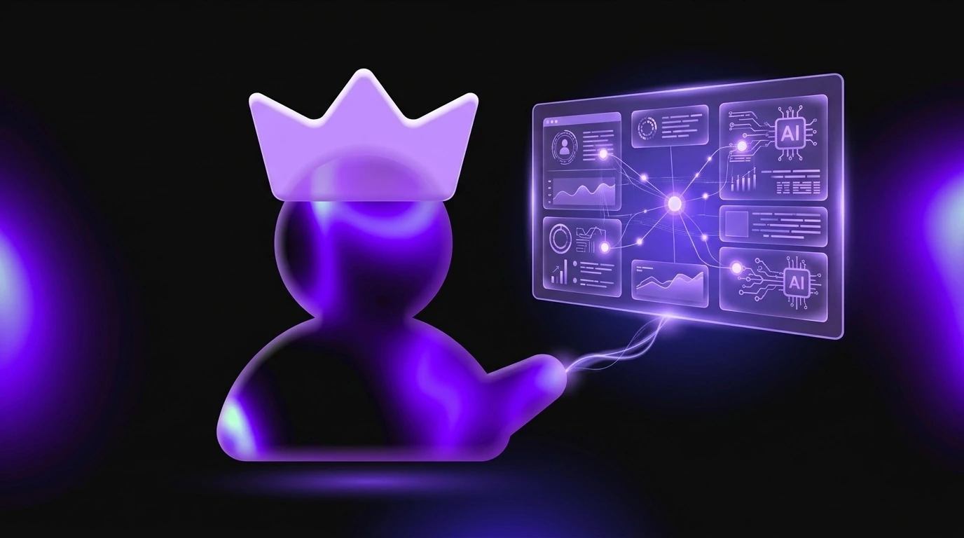 Minimalist digital illustration of a glowing user silhouette wearing a crown, representing brand authority in the AI era.