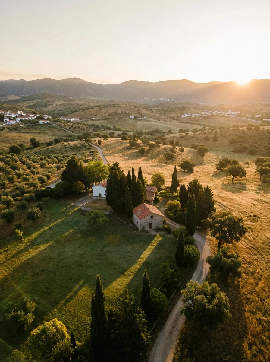 Stone farmhouse set in open Alentejo countryside, surrounded by cork trees and rolling hills with a hilltop village visible in the distance.