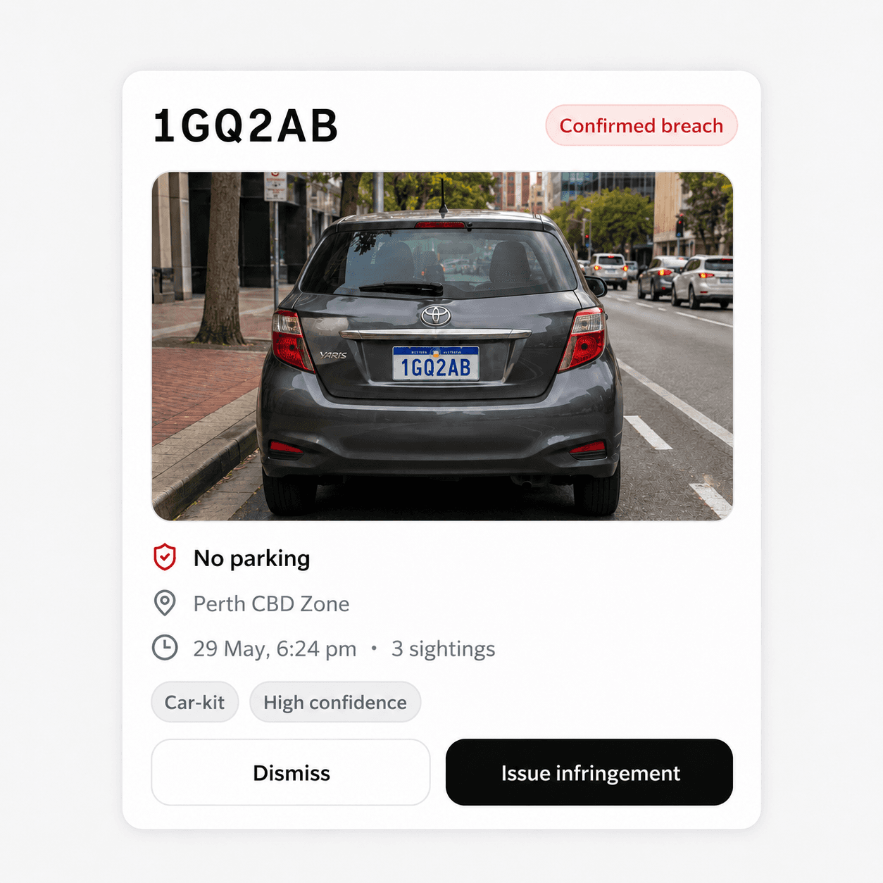 Parking breach card detected in the Parkitron officer app