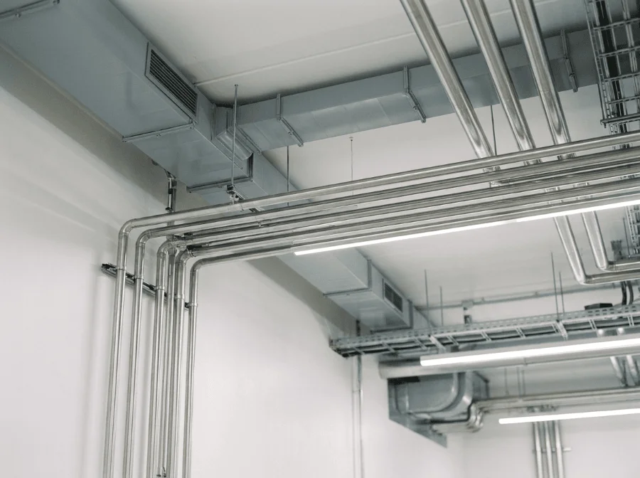 Ordentlich verlegte, saubere Rohrleitungen aus Edelstahl und graue Lüftungskanäle mit Luftschlitzen an einer weißen Decke in einer Industriehalle.