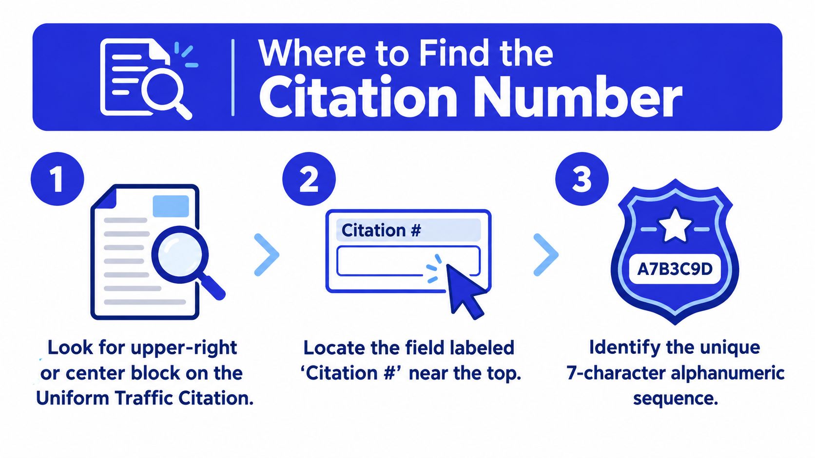 An infographic showing three steps to find a citation number on a Uniform Traffic Citation document.