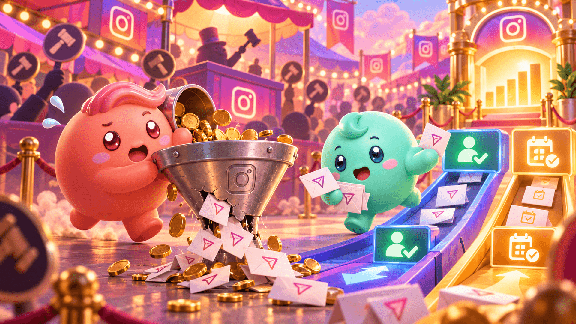 Two Mochi mascots navigate an Instagram ad auction, with one losing coins through a leaking DM funnel while the other sorts conversations into qualified leads and booked calls.