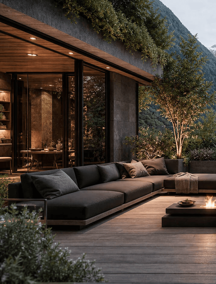 Outdoor lounge beneath the cabin roof beside glass doors