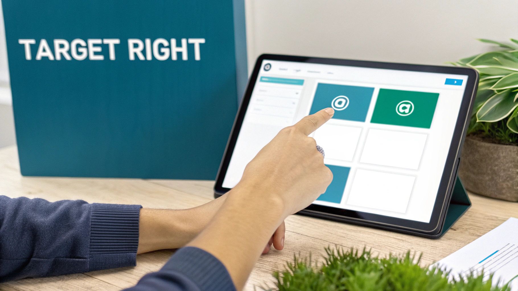 A person's hand points at a tablet screen displaying app icons, with a 'TARGET RIGHT' box.