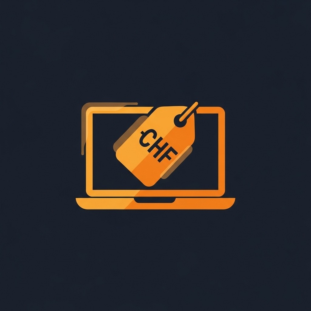Illustration Laptop mit Preisschild in CHF – Symbol für Website-Kosten in der Schweiz und Liechtenstein