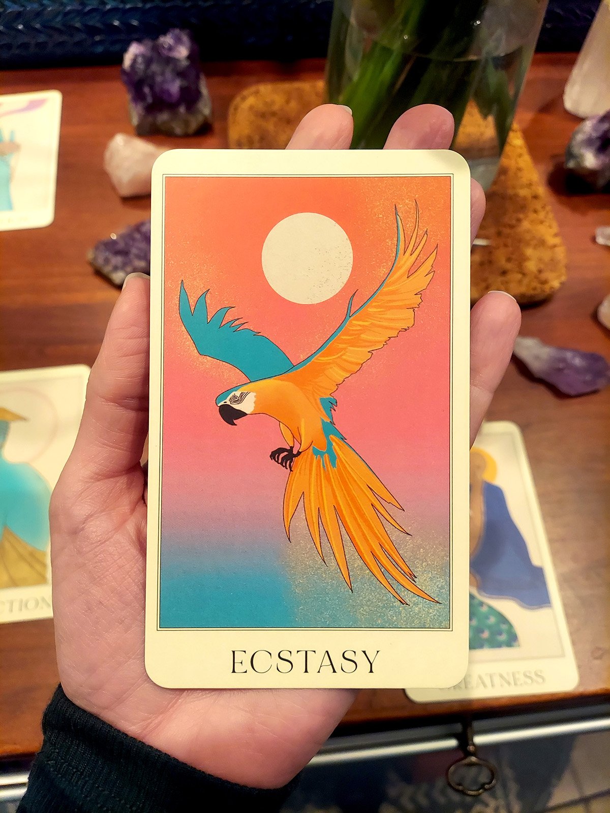 A hand holding a card reading Ecstasy