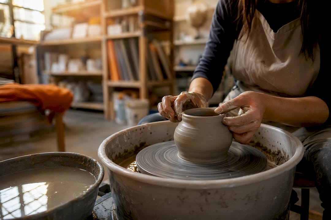 Hands molding clay on pottery wheel
