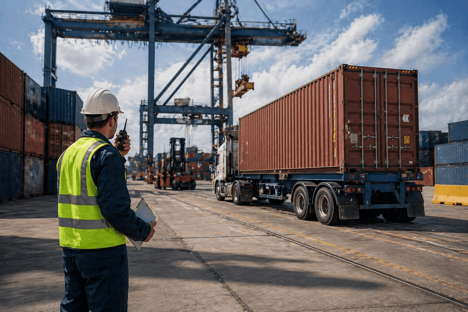 Port worker in a safety vest using a radio while a container truck moves through a shipping yard with cranes and stacked containers in the background.