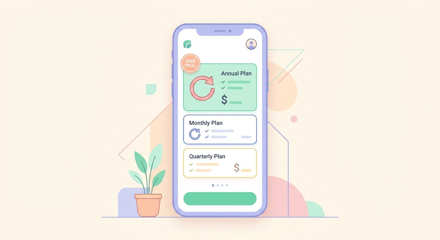 Subscription paywall on a phone with free trial badge and recurring billing arrow