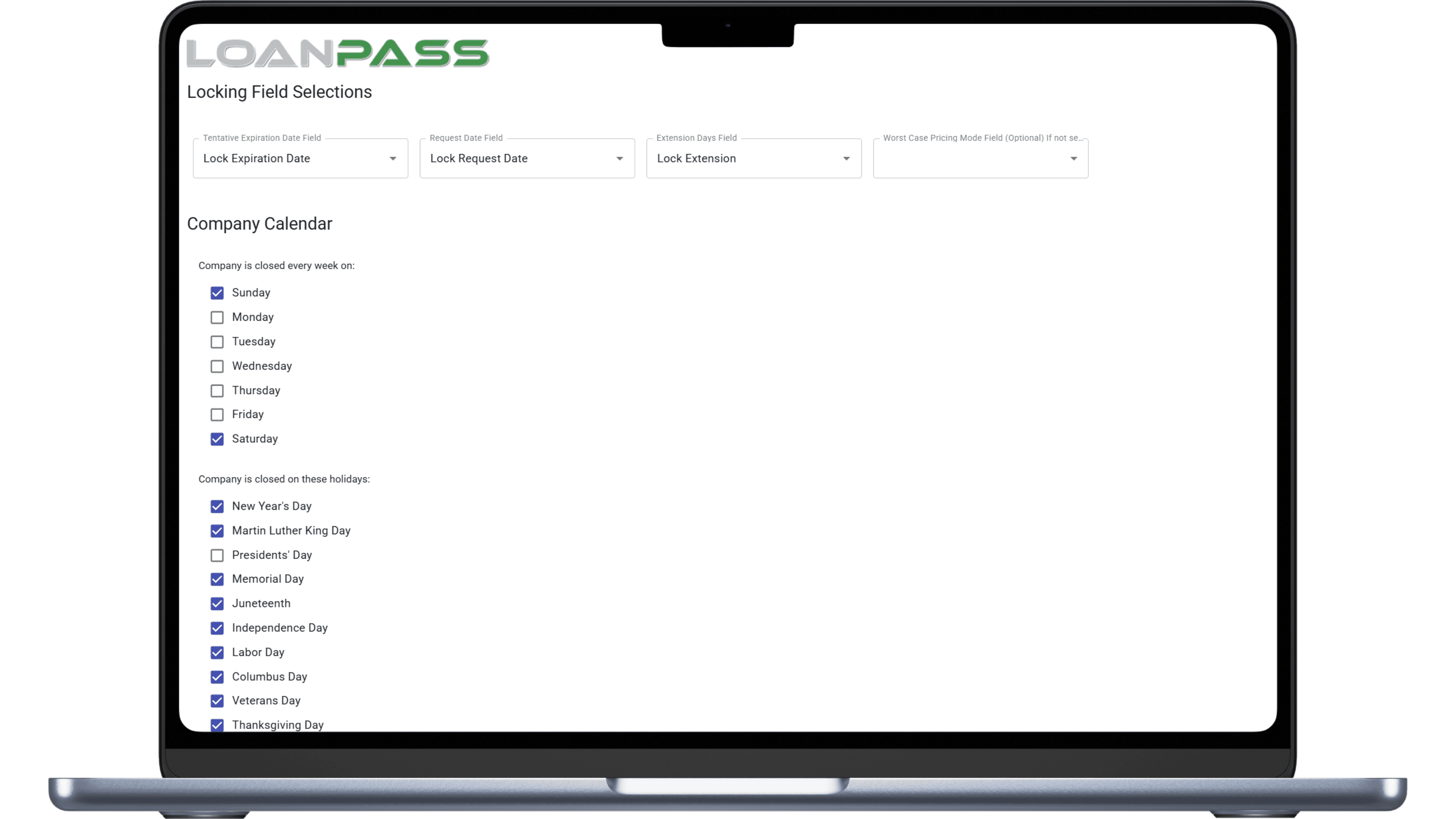 Laptop screen displaying LoanPASS' locking field selections page.