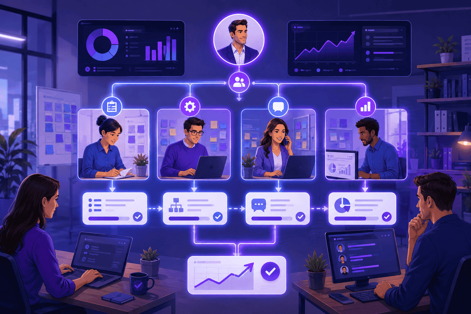 Organized team structure with clearly defined roles, connected workflows, and coordinated collaboration between employees, illustrating efficient communication and productivity.