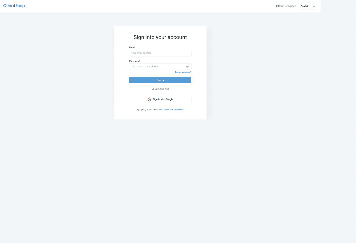 The ClientLoop CRM sign-in screen