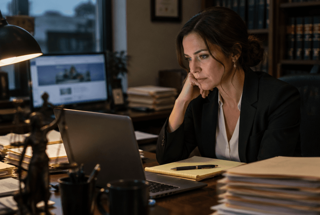 Attorney reviewing a landing page draft at her desk in the evening