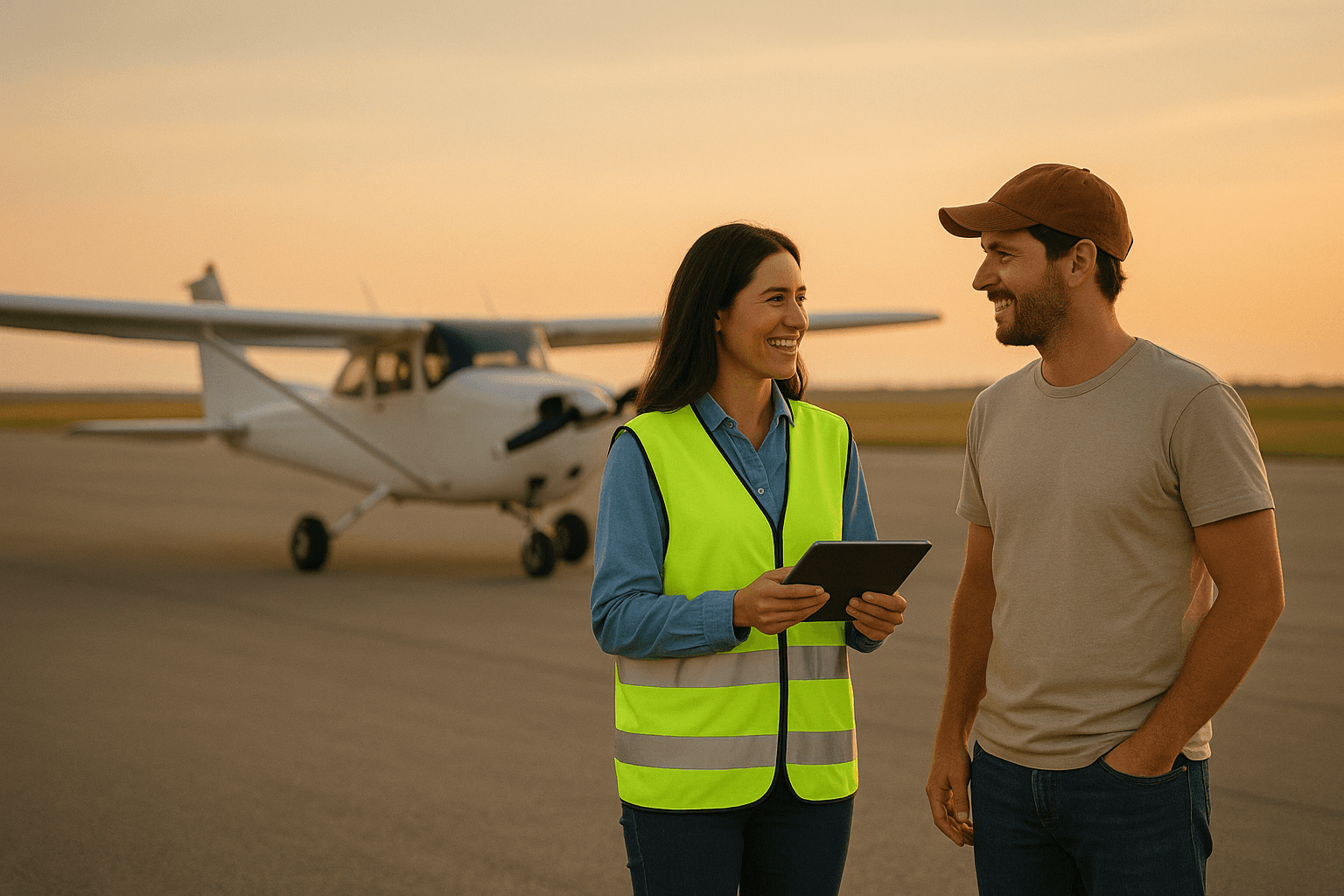 Service order being taken in front of an airplane