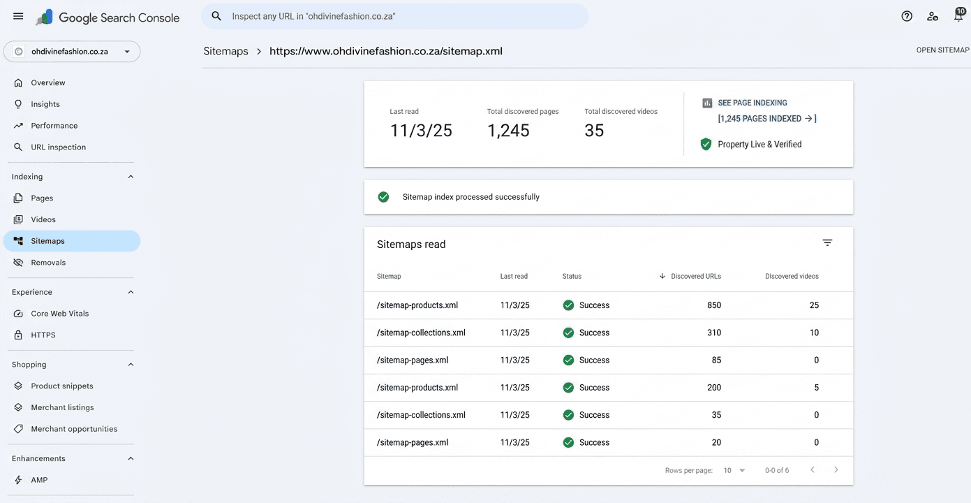 Google Search Console sitemaps dashboard for ohdivinefashion.co.za showing a successfully processed sitemap index with 1,245 total discovered pages, 35 discovered videos, and a detailed breakdown of product, collection, and page sitemaps.