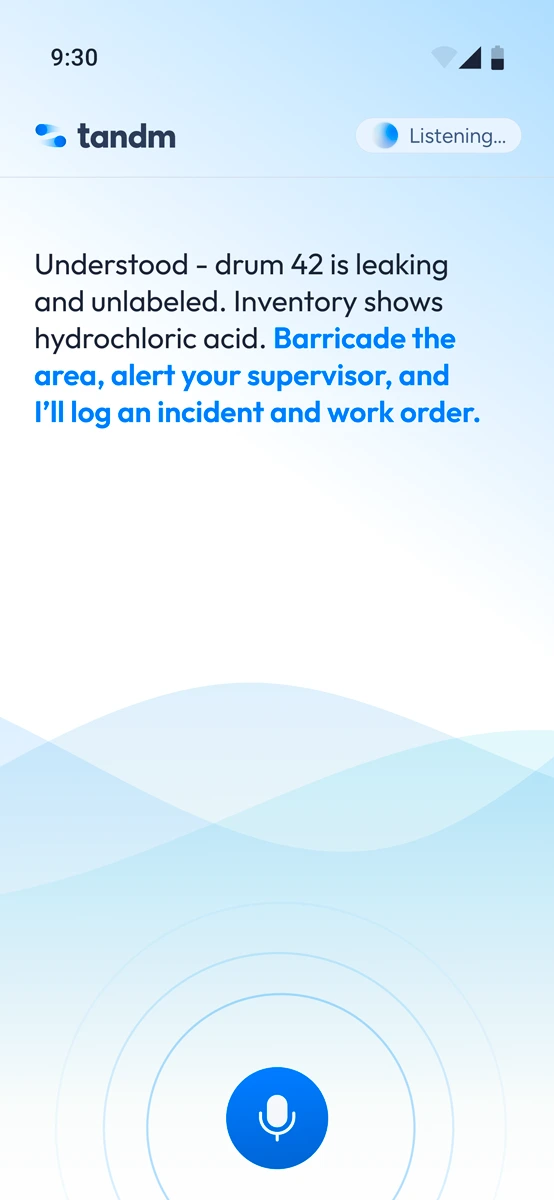 Tandm AI voice assistant interface displaying real-time guidance for responding to a chemical spill and automatically logging an incident and work order.