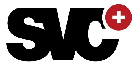 Logo featuring the letters "SVC" in bold black with a red "+" symbol in the upper right corner.