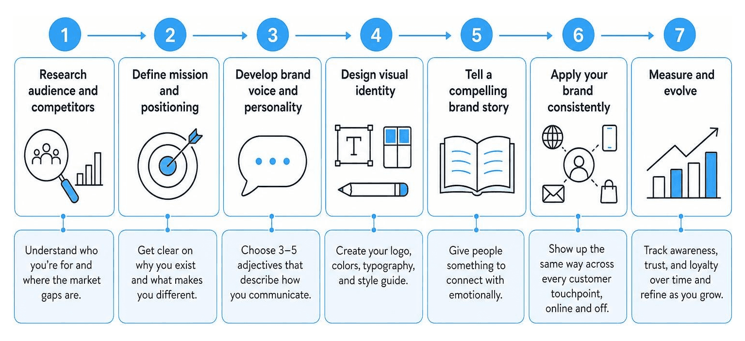 A step-by-step roadmap showing brand strategy moving into visual identity and cross-channel execution