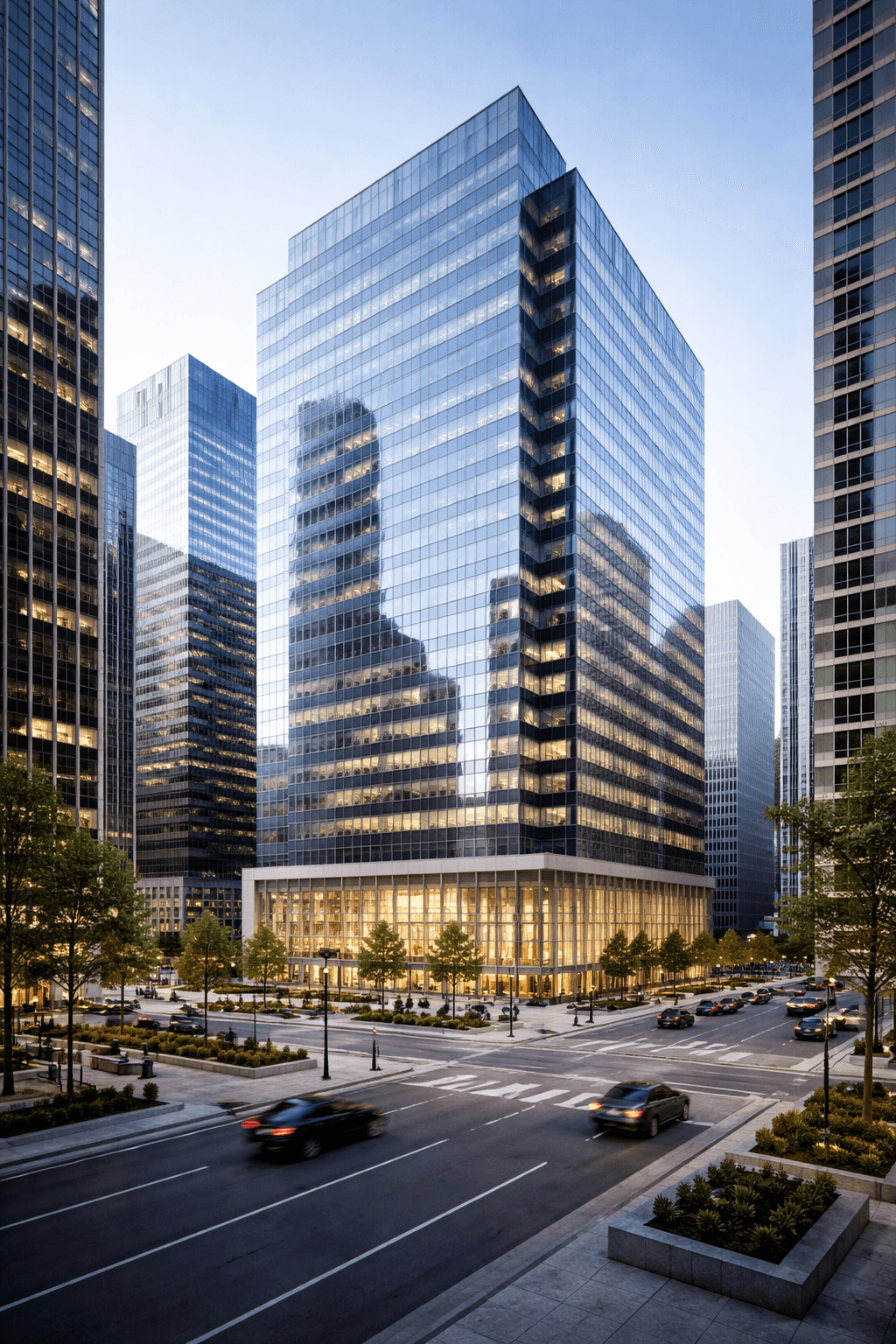 wide shot of a modern downtown office building, professional and clean