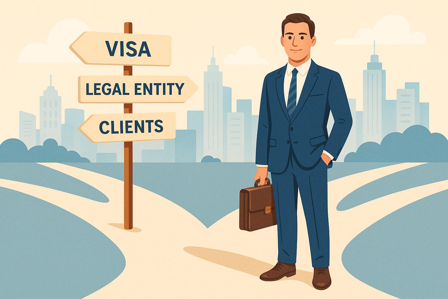 Illustration of a founder choosing between visa, legal entity, and client priorities