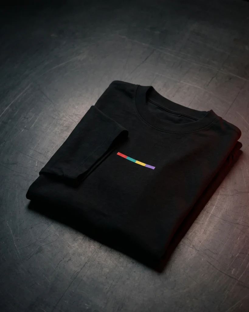 A folded black t-shirt with a small four-colour stripe on the chest