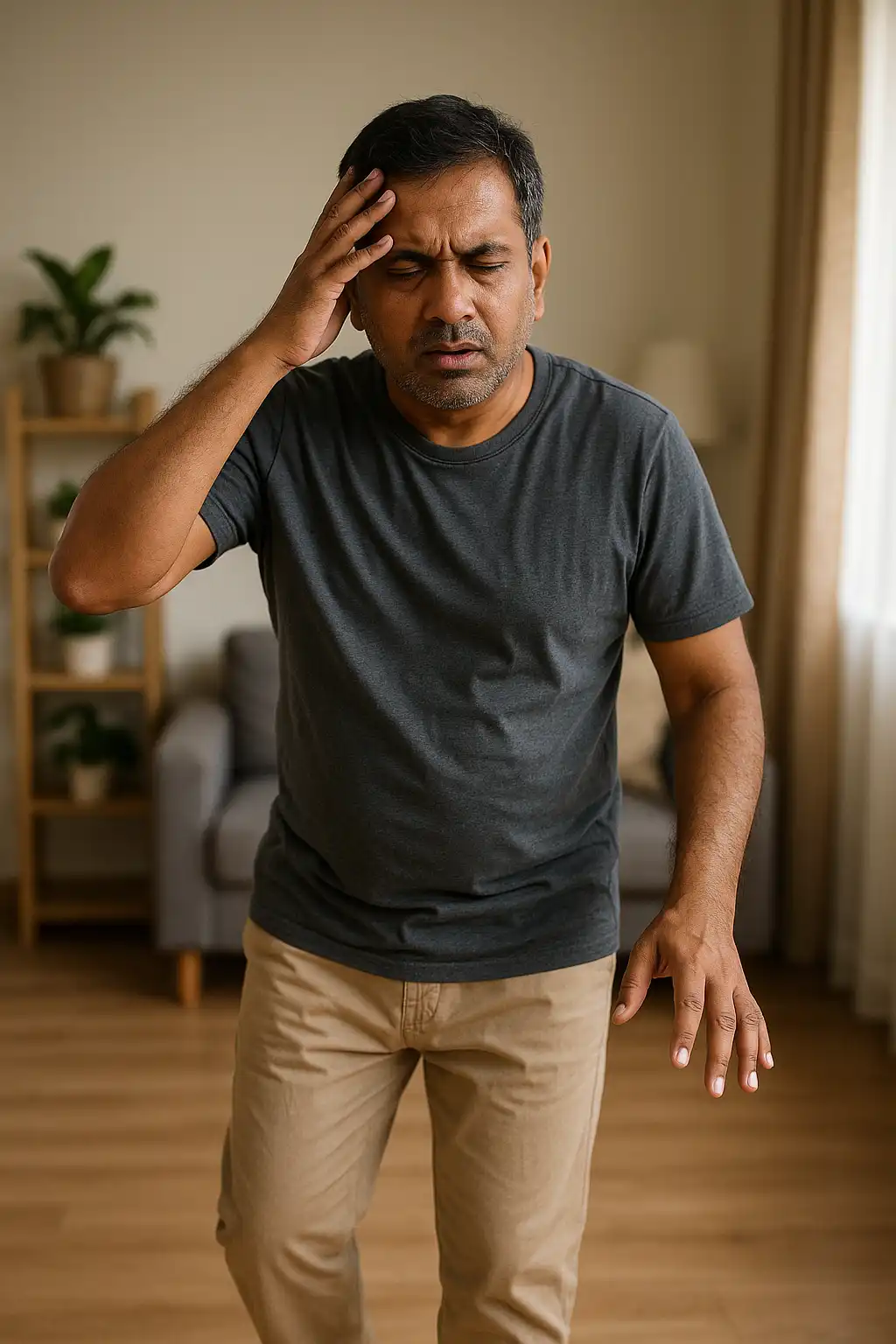 A middle-aged man holding his head with one hand and reaching out with the other, appearing unsteady and dizzy, representing vertigo and balance issues.