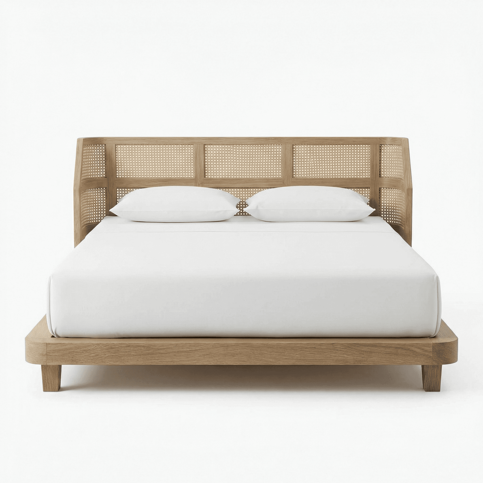 Solid wood bed with slatted headboard, raised frame, and understated construction