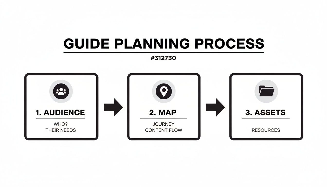 A three-step guide planning process diagram with icons for audience, map, and assets.