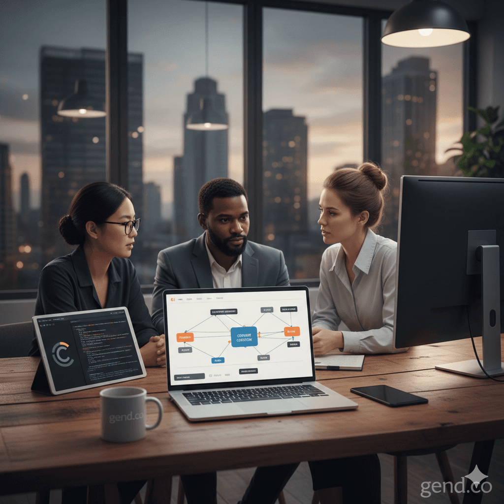 Three professionals collaborate at a wooden table in a modern office with large windows overlooking a cityscape at dusk, reviewing diagrams on a laptop related to an enterprise AI guide.
