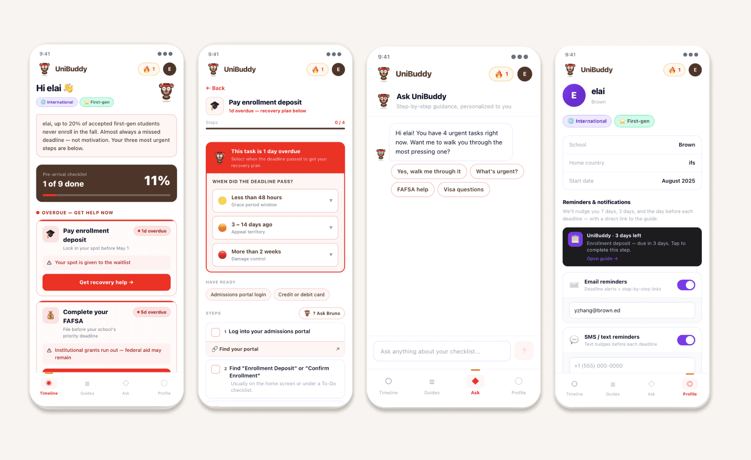 Second iteration: timeline, recovery flow, Ask, and profile screens