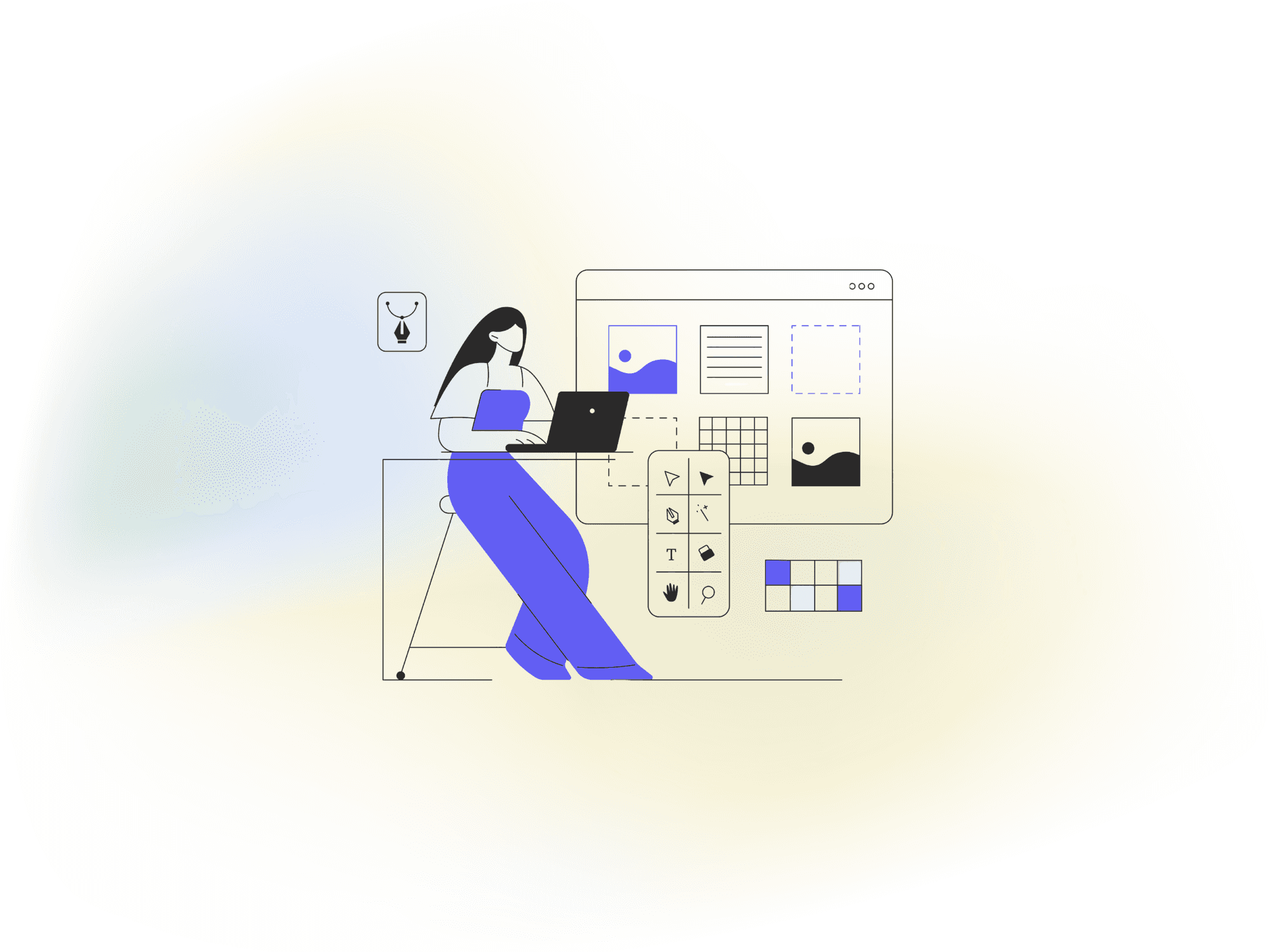 Designer working on a laptop surrounded by images and text elements, representing how to write effective alternative text
