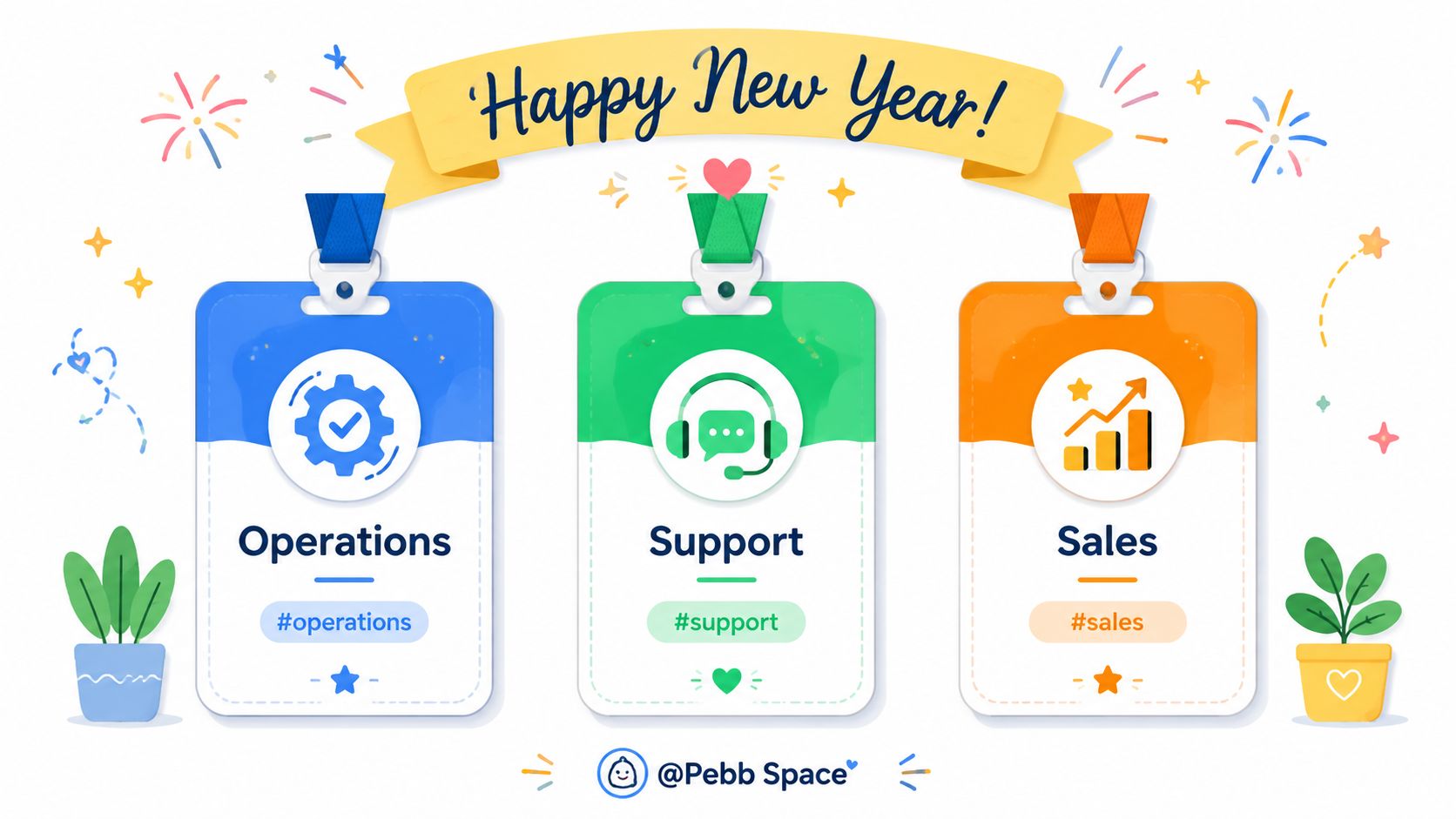 A festive New Year digital graphic with three colorful ID badge icons for Operations, Support, and Sales teams.