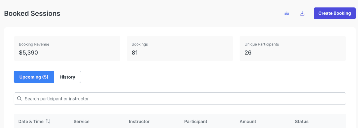Booked Sessions screen showing summary cards, Upcoming and History, search, and filter and export controls.