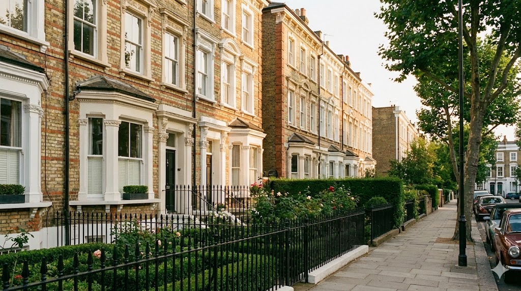 White stucco Victorian townhouses