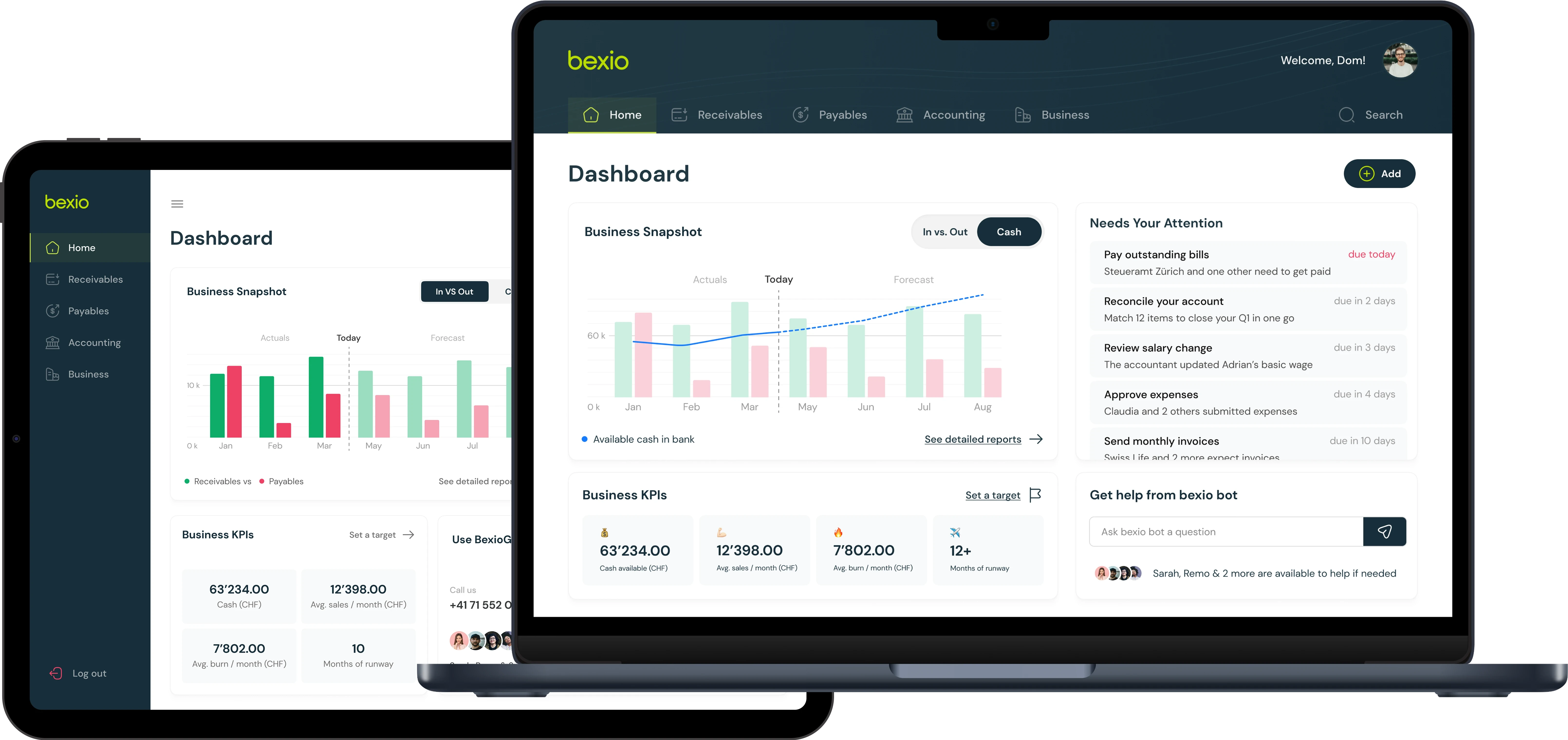 Bexio dashboard displayed on tablet and laptop showing synchronized financial data, charts, and business metrics across devices.