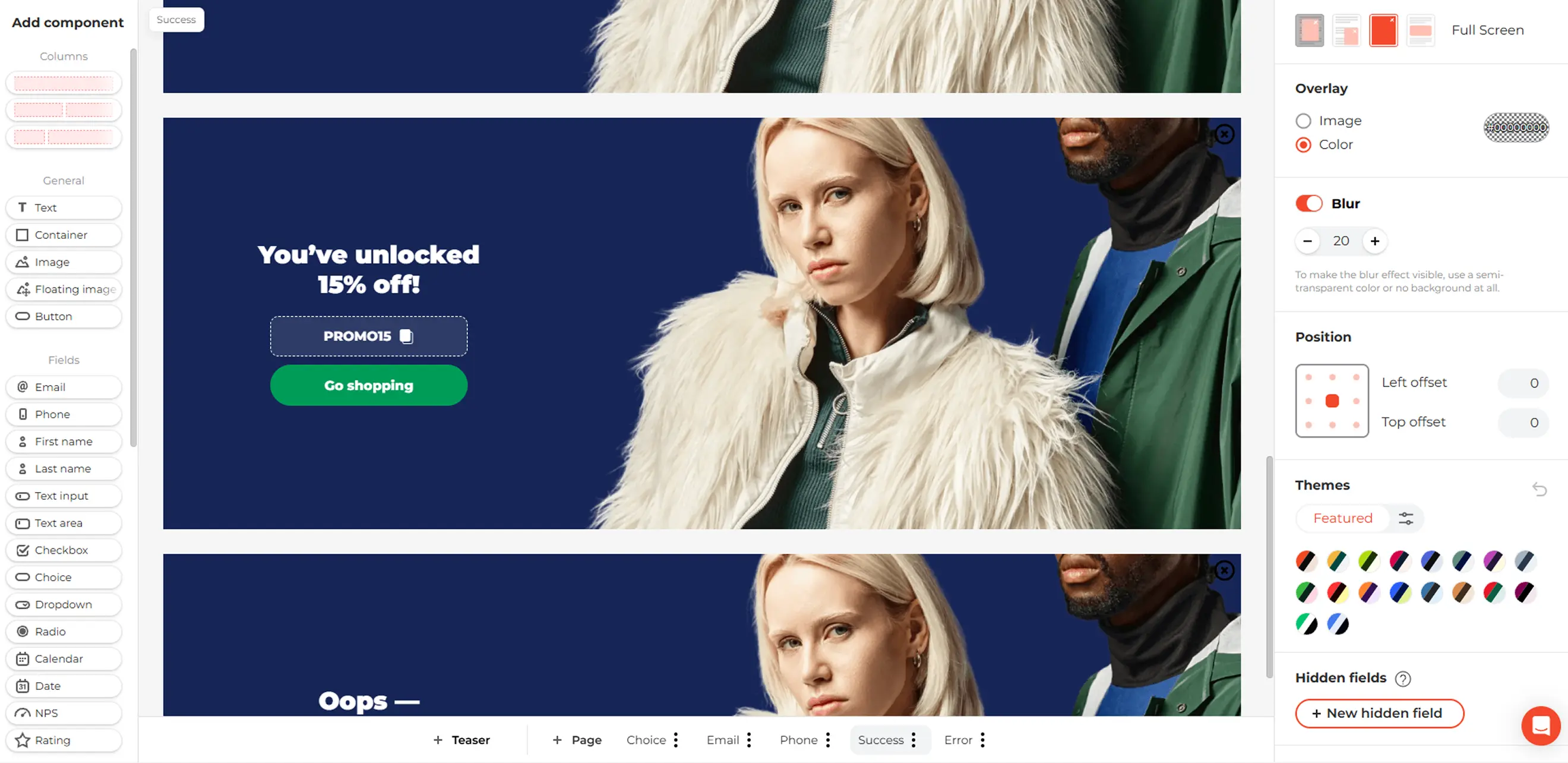 Claspo editor showing the success page settings for a multi-step fashion popup