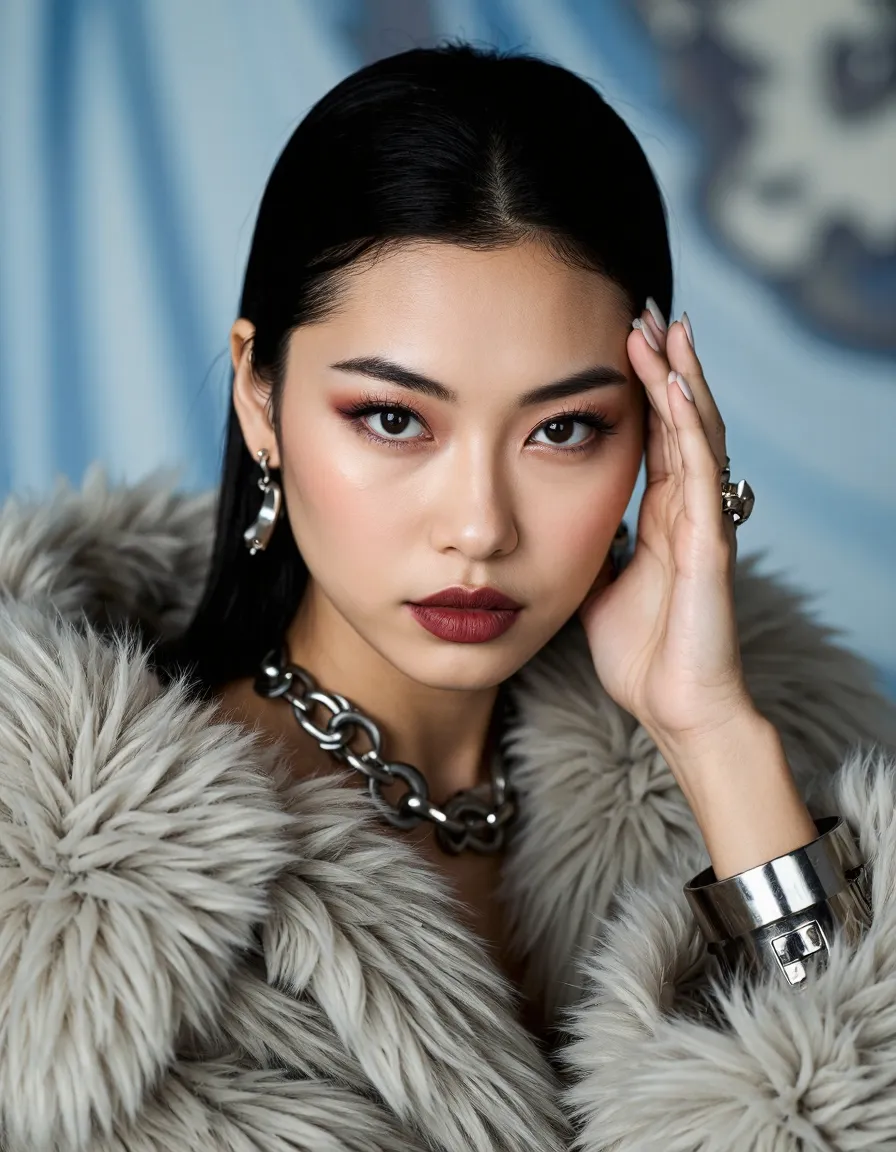 Asian woman in luxe fur coat with bold makeup and statement jewelry, editorial fashion portrait with professional lighting