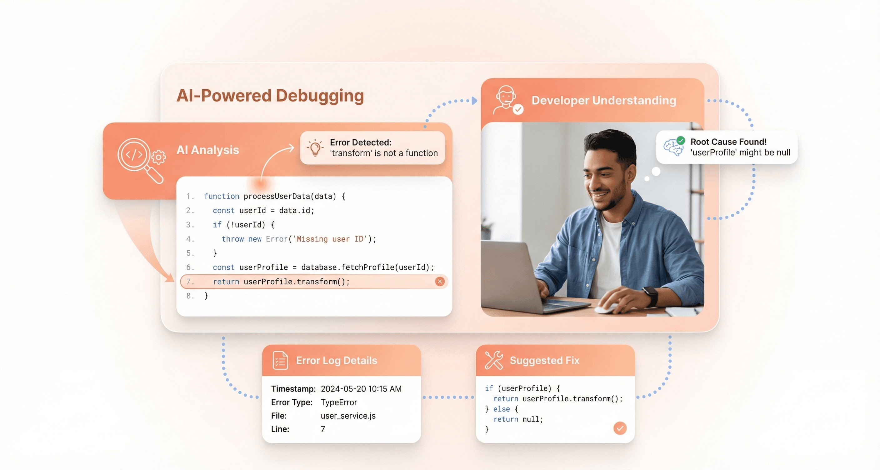 AI analyzing an error log and highlighting the exact line of code causing a bug, helping developers understand and fix issues faster.