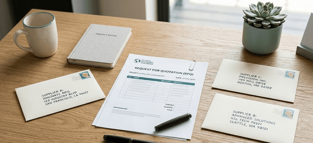 Organized desk with RFQ document and sealed supplier envelopes