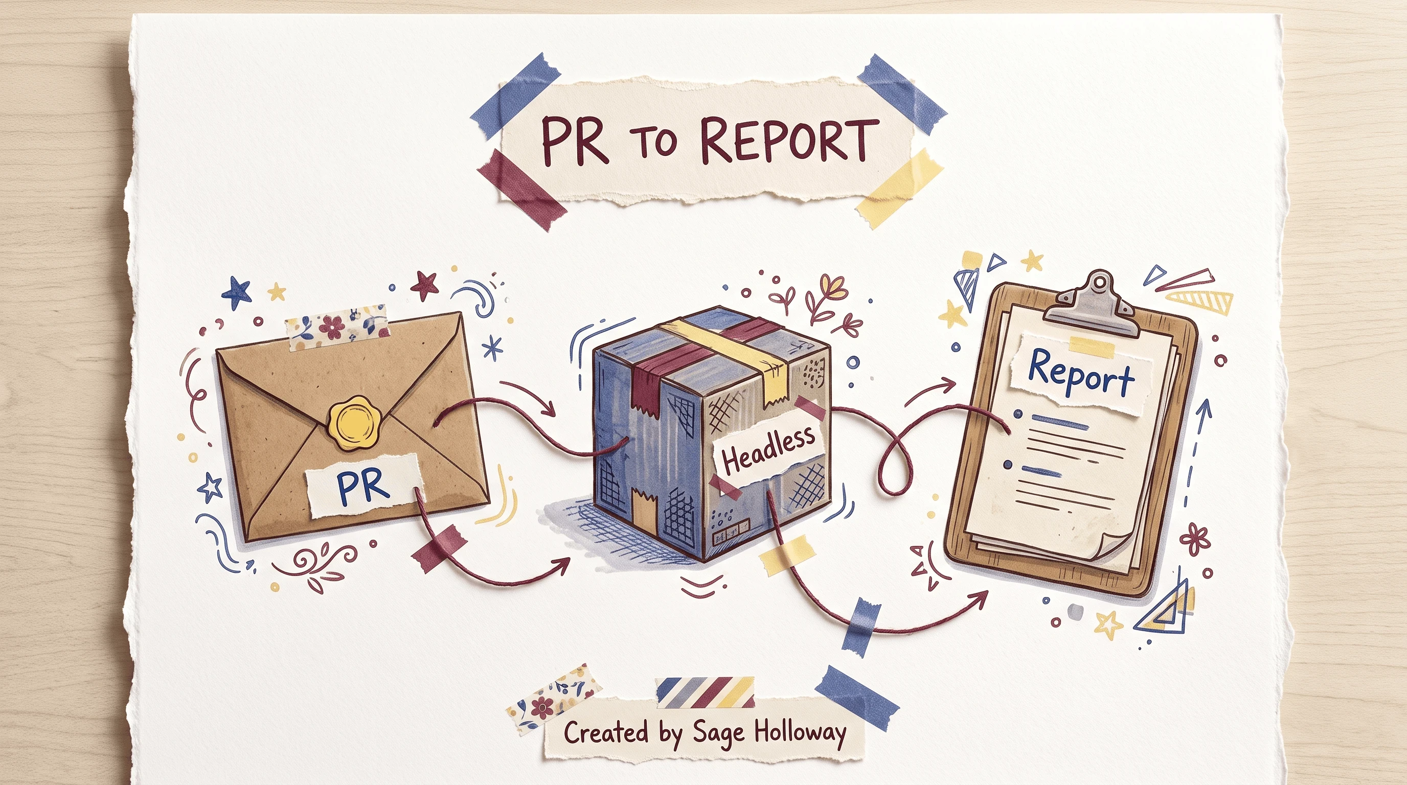 Scrapbook diagram of a pull request triggering a headless Claude Code QA run and a written report